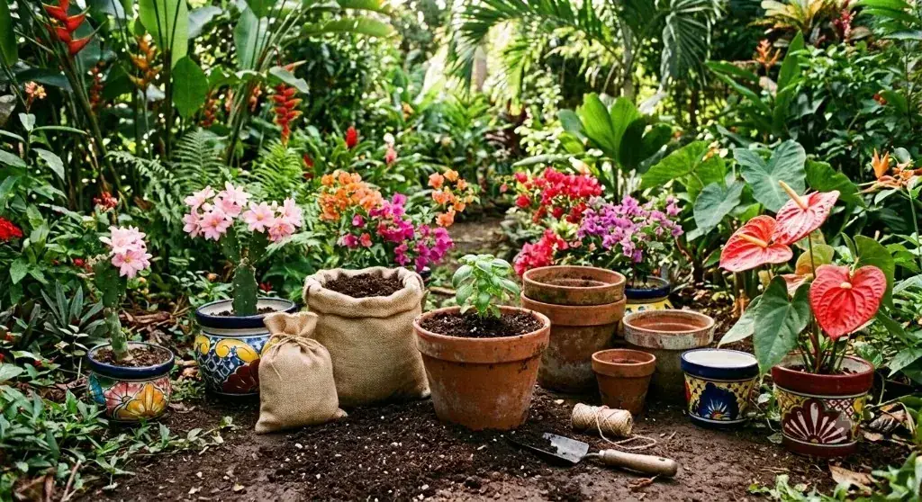Terracotta and hand-painted pots, soil, fertilizer, and tools among flowering plants at Paradise Valley