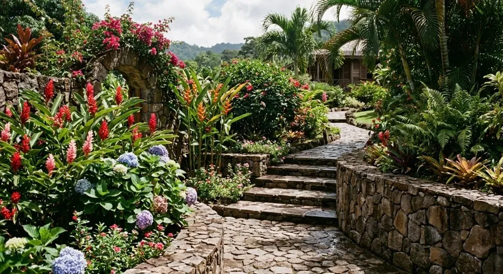 Stone steps and dry-stone walls winding through flowering tropical gardens at Paradise Valley