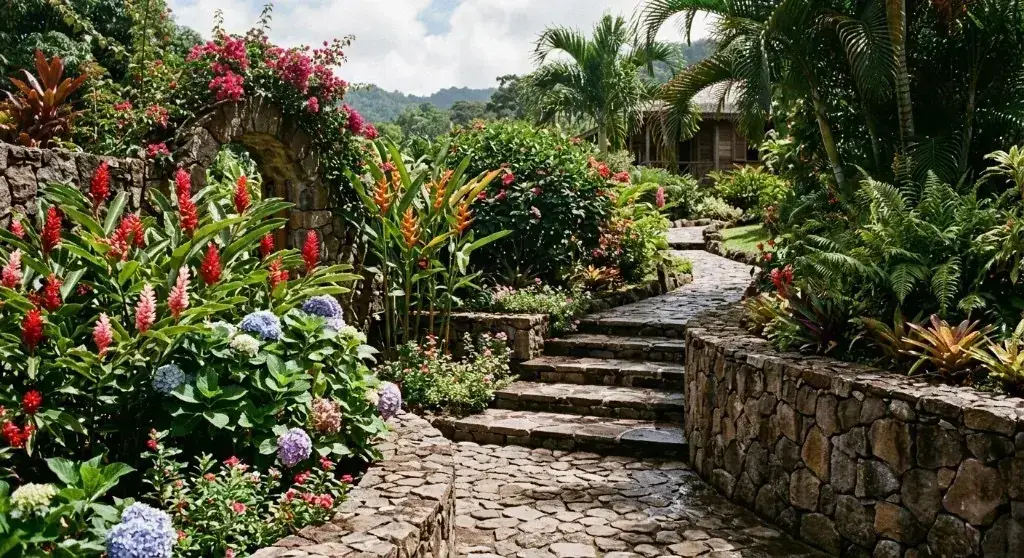 Stone steps and dry-stone walls winding through flowering tropical gardens at Paradise Valley