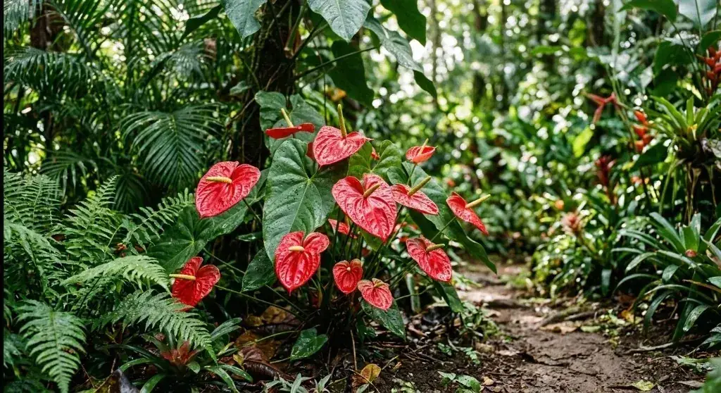 Red anthuriums in bloom among ferns along a tropical garden trail at Paradise Valley